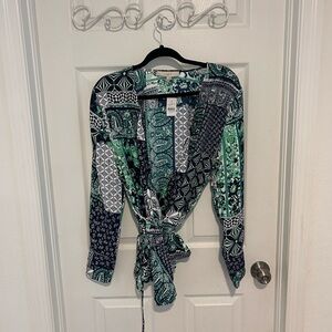 NWT LOFT Green and Blue Patterned Wrap Blouse Size L